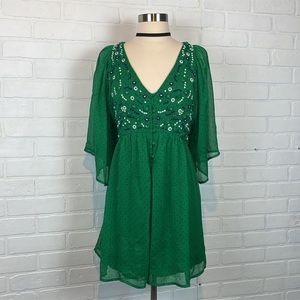 Zara Basic Kelly Green Polka Dot Chiffon Floral Embroidered Romper M